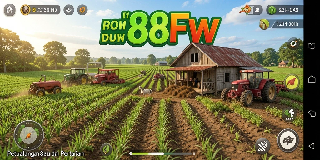 Screenshot gameplay 888FW menampilkan kebun yang luas dan tanaman yang subur.